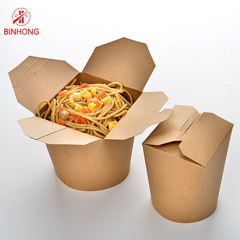 Custom Logo Printed Kraft Paper Noodle Box Biodegradable Food Box Dengan Handle Perlindungan UV Dan Laminasi Matt