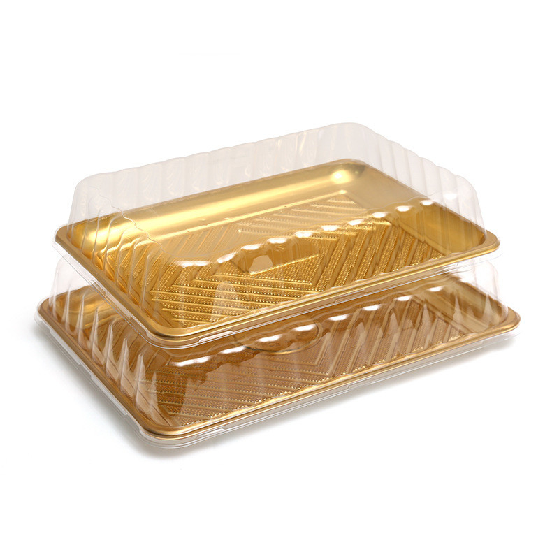 Stok Daun Emas Ukuran besar persegi panjang Plastik sekali pakai Sushi Tray untuk pesta