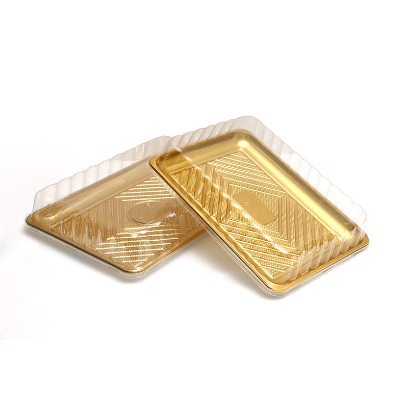 Stok Daun Emas Ukuran besar persegi panjang Plastik sekali pakai Sushi Tray untuk pesta