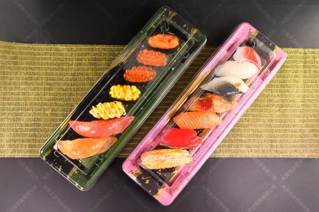 Pengemasan jual panas PP/PET/OPS plastik sekali pakai khusus desain populer super besar untuk membawa sushi tray pesta.