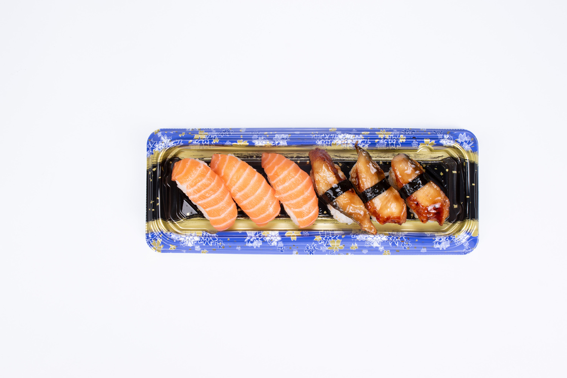 Pengemasan jual panas PP/PET/OPS plastik sekali pakai khusus desain populer super besar untuk membawa sushi tray pesta.