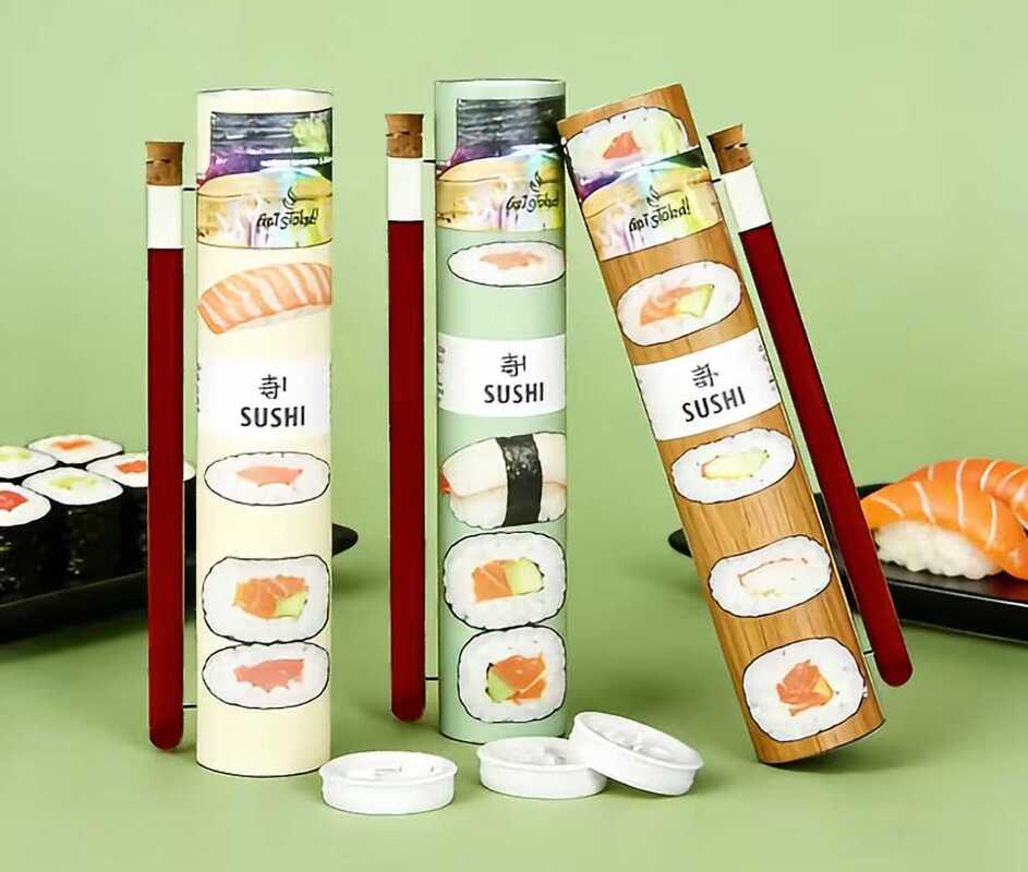 sushi tube ，Packaging sushi tray,tuituile sushi paper packing,tube and straw，Trendy tube-shaped sushi box.