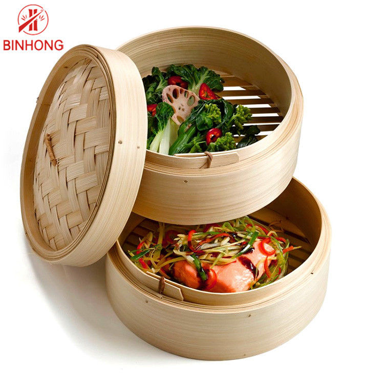 Bentuk Bulat 24cm Bamboo Steamer Basket Untuk Pangsit