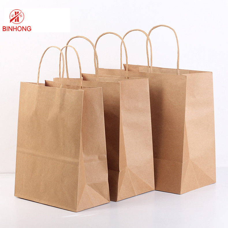 Tas Membawa Kertas Kraft Pencetakan Flexo Pegangan Datar Dapat Digunakan Kembali