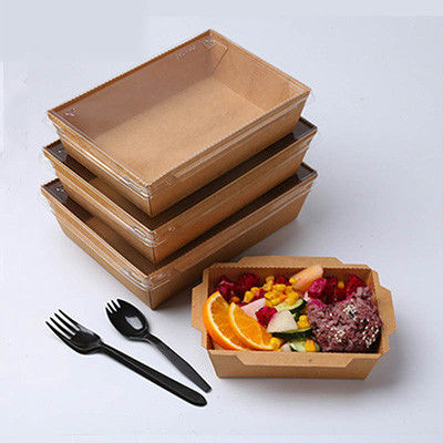 Salad PET Tutup Rectangular Kraft Paper Wadah Makanan Sekali Pakai Dengan Tutup