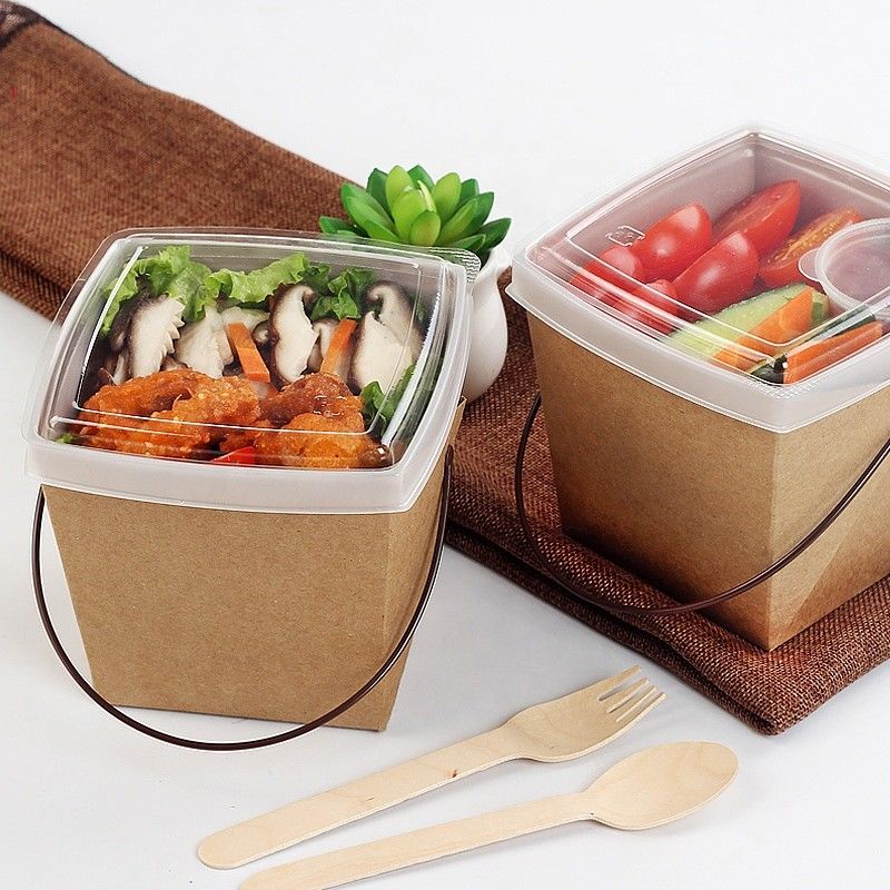 Daur Ulang Kertas Kraft Ambil Kotak Kemasan Mie Makan Siang Dengan Baki Dan Pegangan